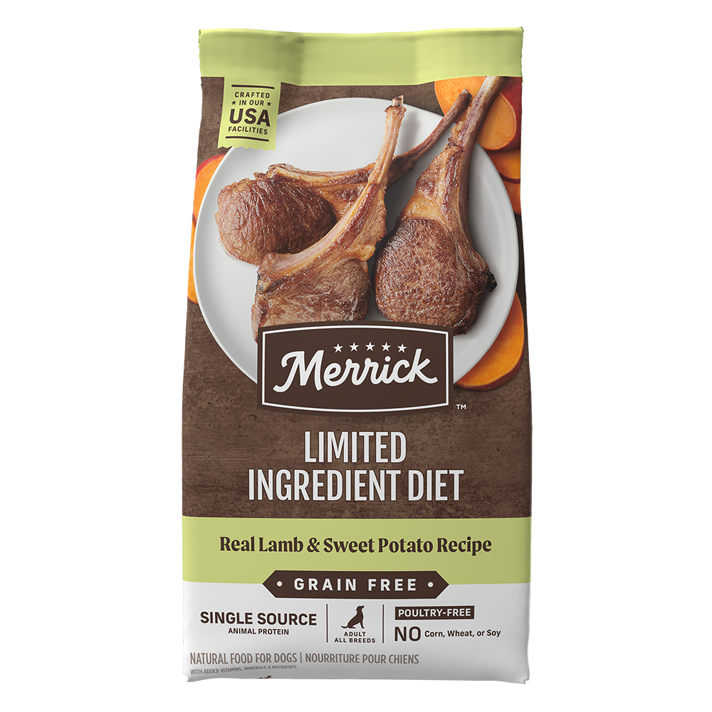 Merrick Limited Ingredient Diet Grain Free Real Lamb & Sweet Potato Recipe Dry Dog Food — manufacturer recipe packaging
