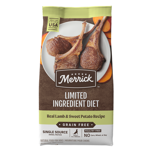 Merrick Limited Ingredient Diet Grain Free Real Lamb & Sweet Potato Recipe Dry Dog Food — manufacturer recipe packaging