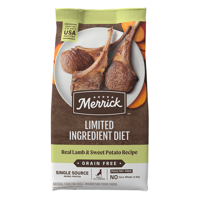 Merrick Limited Ingredient Diet Grain Free Real Lamb & Sweet Potato Recipe Dry Dog Food — manufacturer recipe packaging