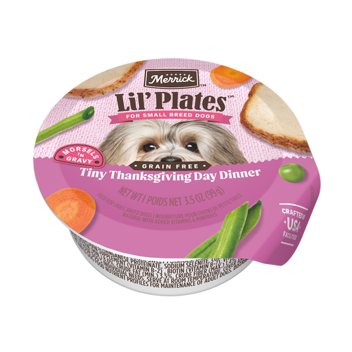 Merrick Lil' Plates Grain Free Tiny Thanksgiving Day Dinner — manufacturer recipe packaging; individual container shown, sold by the full case