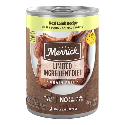 Merrick Grain Free Limited Ingredient Diet Real Lamb Recipe — manufacturer recipe packaging; individual container shown, sold by the full case