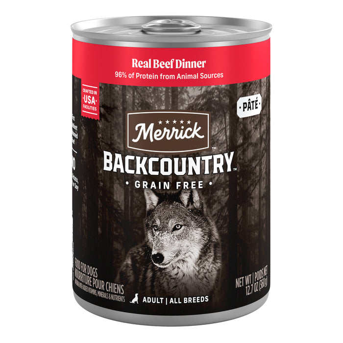 Merrick Backcountry Grain Free Real Beef Dinner Wet Dog Food — manufacturer recipe packaging; individual container shown, sold by the full case