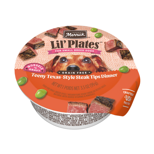 Merrick Lil' Plates Teeny Texas Steak Tips Dinner in Gravy — manufacturer recipe packaging; individual container shown, sold by the full case