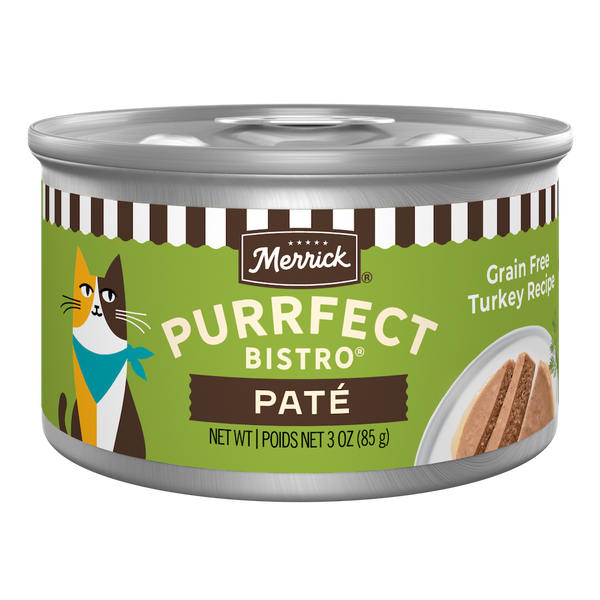 Merrick Purrfect Bistro Grain Free Turkey Pate High Protein Wet Cat Food — manufacturer recipe packaging; individual container shown, sold by the full case