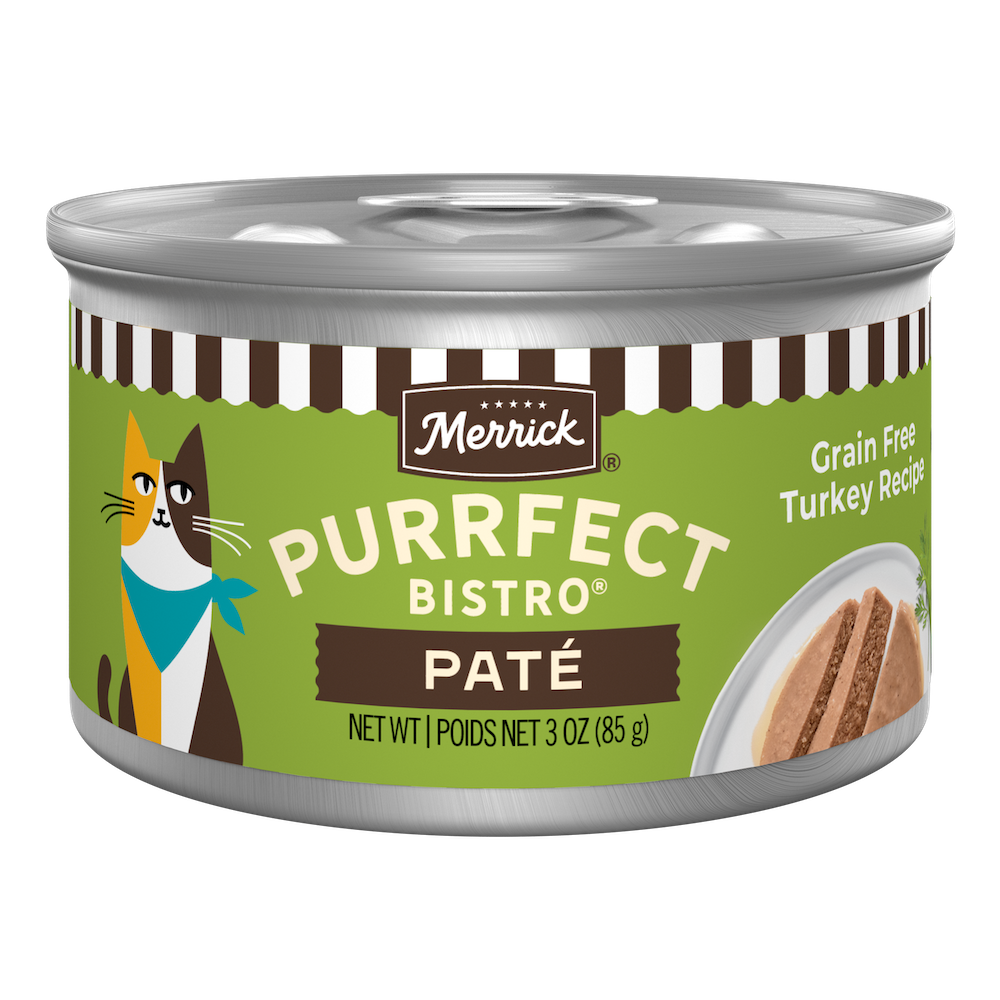 Merrick Purrfect Bistro Grain Free Turkey Pate High Protein Wet Cat Food — manufacturer recipe packaging; individual container shown, sold by the full case