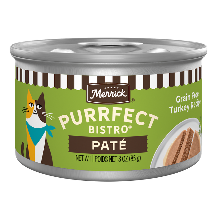 Merrick Purrfect Bistro Grain Free Turkey Pate High Protein Wet Cat Food — manufacturer recipe packaging; individual container shown, sold by the full case