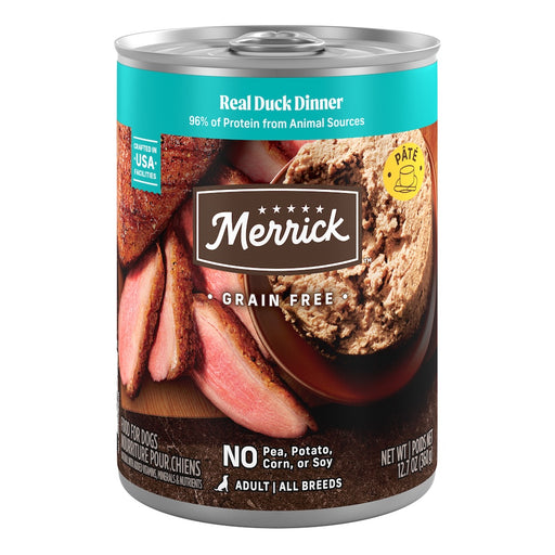 Merrick Grain Free Real Duck Dinner — manufacturer recipe packaging; individual container shown, sold by the full case