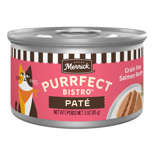 Merrick Purrfect Bistro Grain Free Salmon Pate High Protein Wet Cat Food — manufacturer recipe packaging; individual container shown, sold by the full case