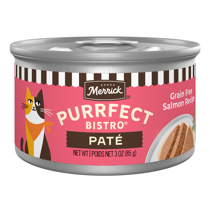 Merrick Purrfect Bistro Grain Free Salmon Pate High Protein Wet Cat Food — manufacturer recipe packaging; individual container shown, sold by the full case
