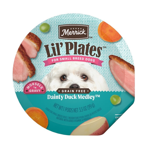 Merrick Lil’ Plates Dainty Duck Medley in Gravy Wet Dog Food — manufacturer recipe packaging; individual container shown, sold by the full case
