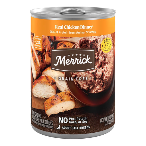 Merrick Grain Free Real Chicken Dinner — manufacturer recipe packaging; individual container shown, sold by the full case
