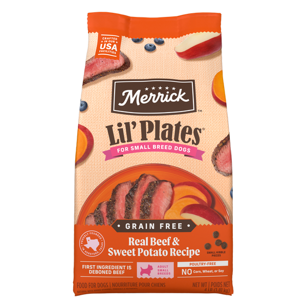 Merrick Lil' Plates Grain Free Real Beef & Sweet Potato Recipe Dry Dog Food — manufacturer recipe packaging