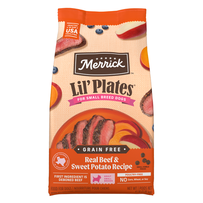 Merrick Lil' Plates Grain Free Real Beef & Sweet Potato Recipe Dry Dog Food — manufacturer recipe packaging