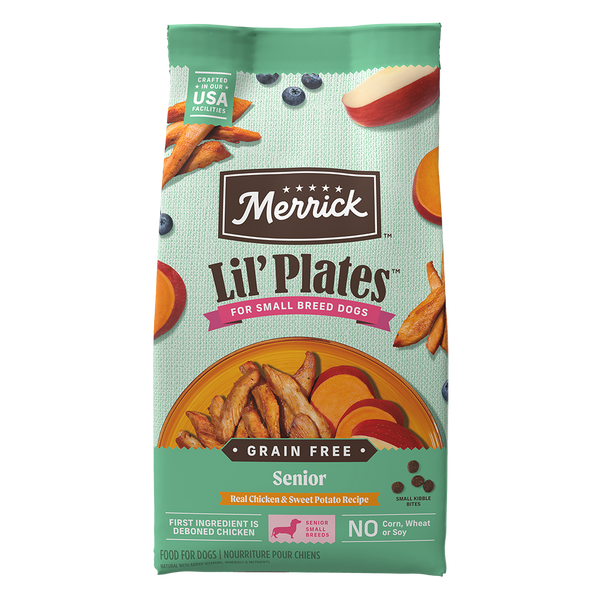 Merrick Lil' Plates Grain Free Senior Real Chicken & Sweet Potato Recipe Dry Dog Food — manufacturer recipe packaging