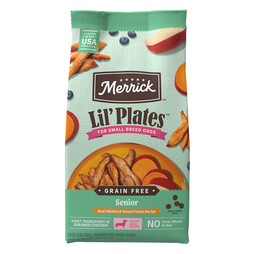 Merrick Lil' Plates Grain Free Senior Real Chicken & Sweet Potato Recipe Dry Dog Food — manufacturer recipe packaging