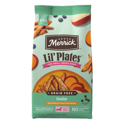 Merrick Lil' Plates Grain Free Senior Real Chicken & Sweet Potato Recipe Dry Dog Food — manufacturer recipe packaging