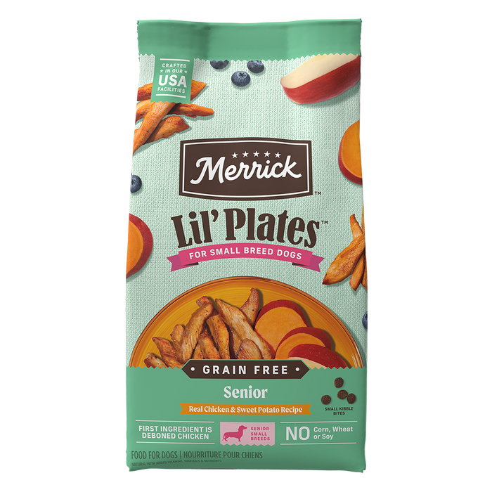 Merrick Lil' Plates Grain Free Senior Real Chicken & Sweet Potato Recipe Dry Dog Food — manufacturer recipe packaging