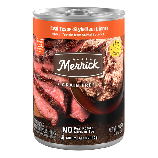 Merrick Grain Free Real Texas Beef Dinner Wet Dog Food — manufacturer recipe packaging; individual container shown, sold by the full case