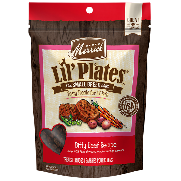 Merrick Lil' Plates Bitty Beef Recipe Dog Treats — manufacturer recipe packaging