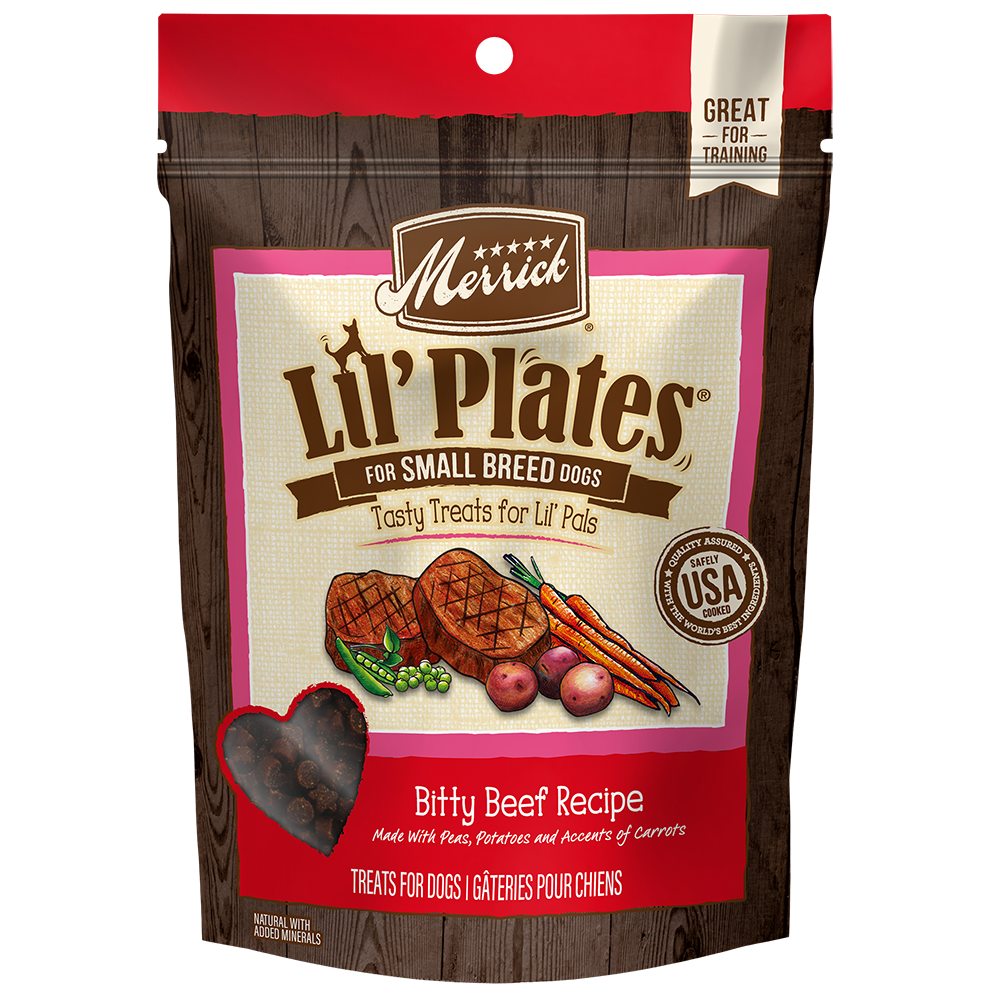 Merrick Lil' Plates Bitty Beef Recipe Dog Treats — manufacturer recipe packaging