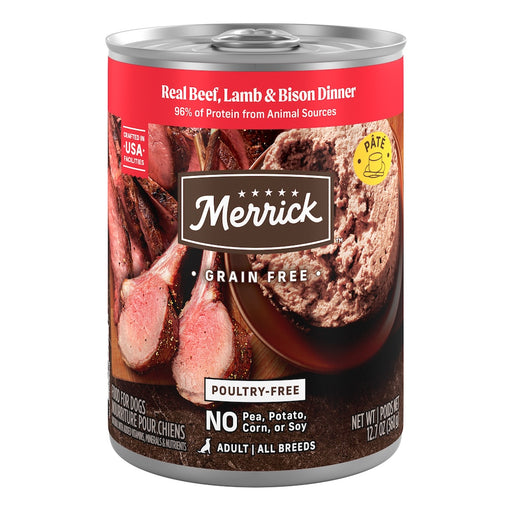 Merrick Grain Free Real Beef, Lamb + Bison Dinner — manufacturer recipe packaging; individual container shown, sold by the full case