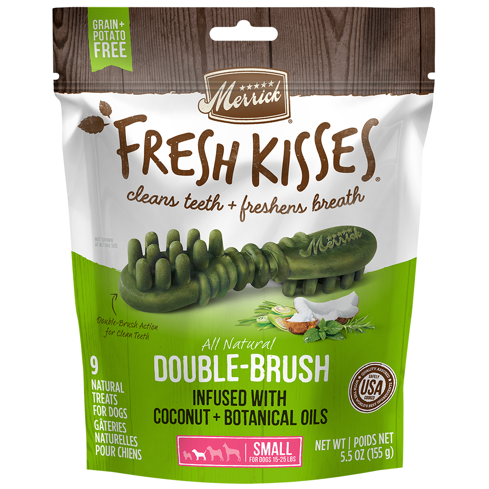 Merrick Fresh Kisses Infused With Coconut Oil + Botanical Oils - For Small Dogs (15-25 Lbs) Dog Dental Chews — manufacturer recipe packaging