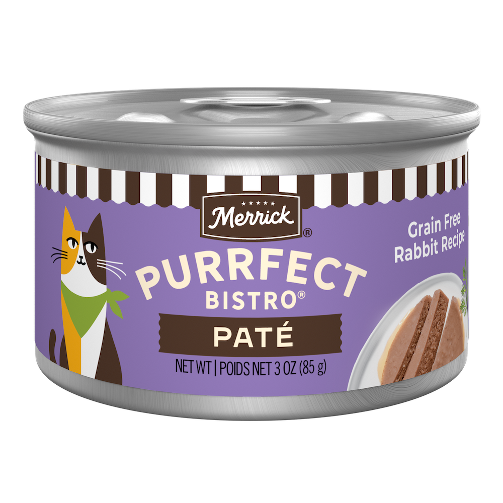 Merrick Purrfect Bistro Grain Free Rabbit Pate High Protein Wet Cat Food — manufacturer recipe packaging; individual container shown, sold by the full case