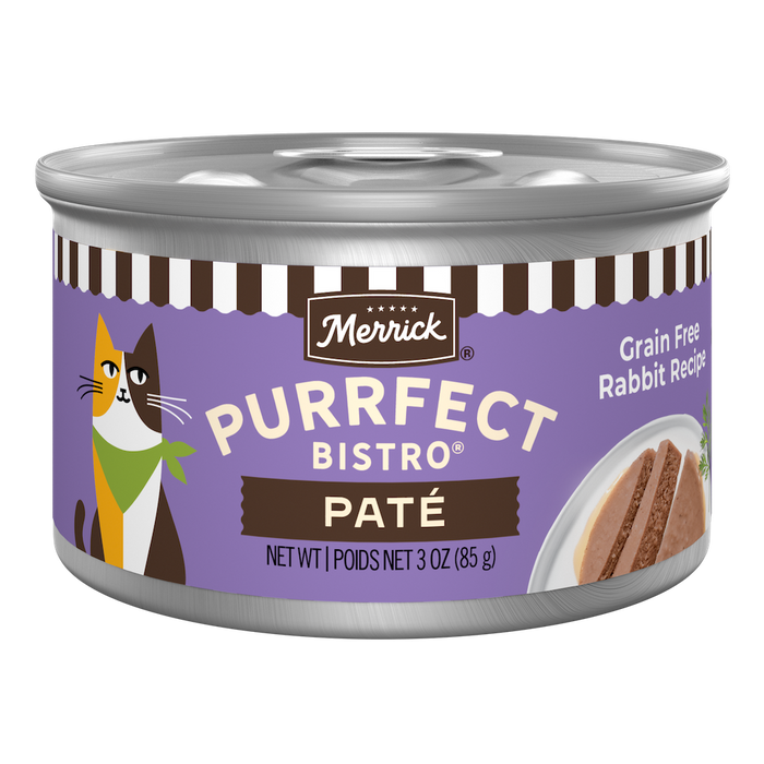 Merrick Purrfect Bistro Grain Free Rabbit Pate High Protein Wet Cat Food — manufacturer recipe packaging; individual container shown, sold by the full case