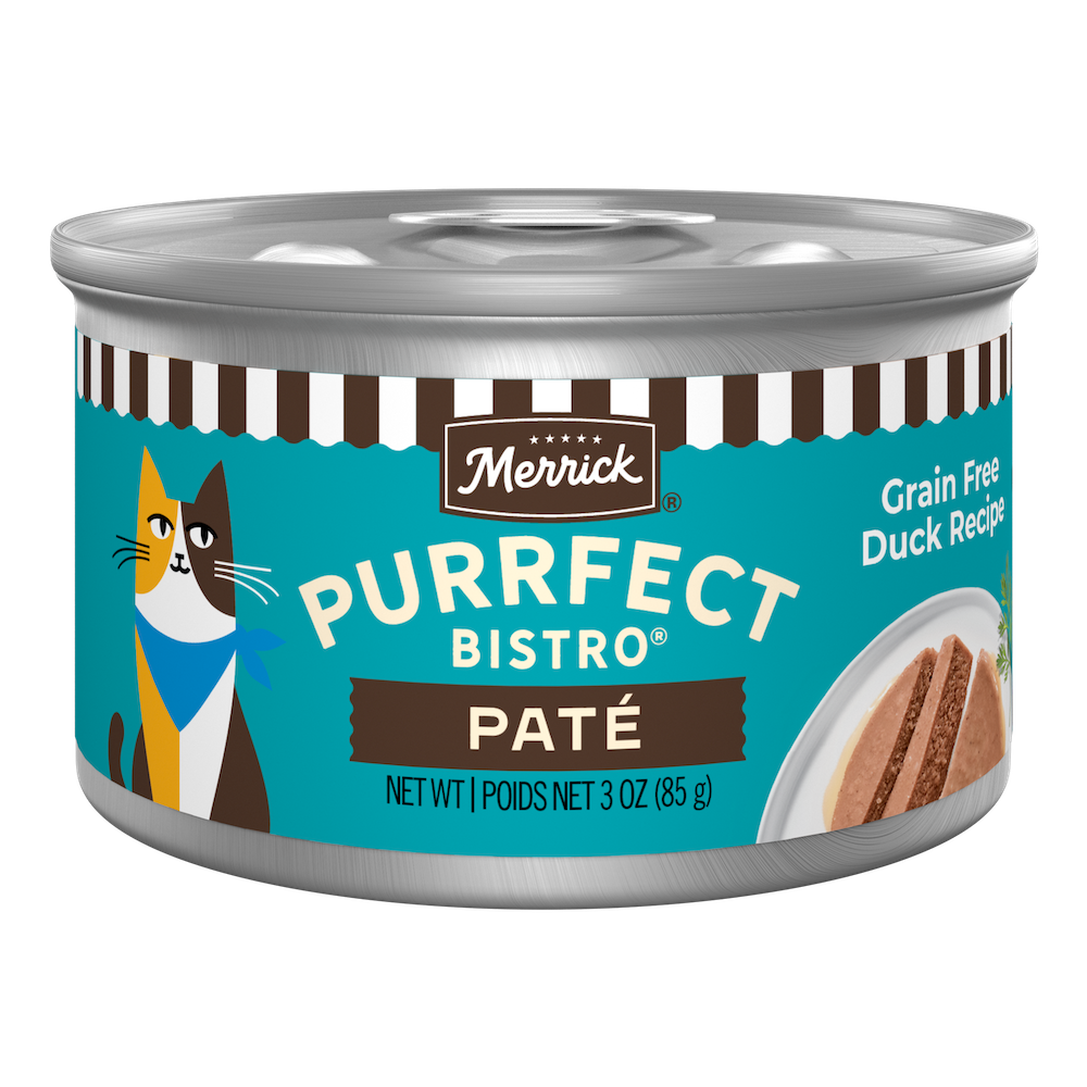 Merrick Purrfect Bistro Grain Free Duck Pate High Protein Wet Cat Food — manufacturer recipe packaging; individual container shown, sold by the full case