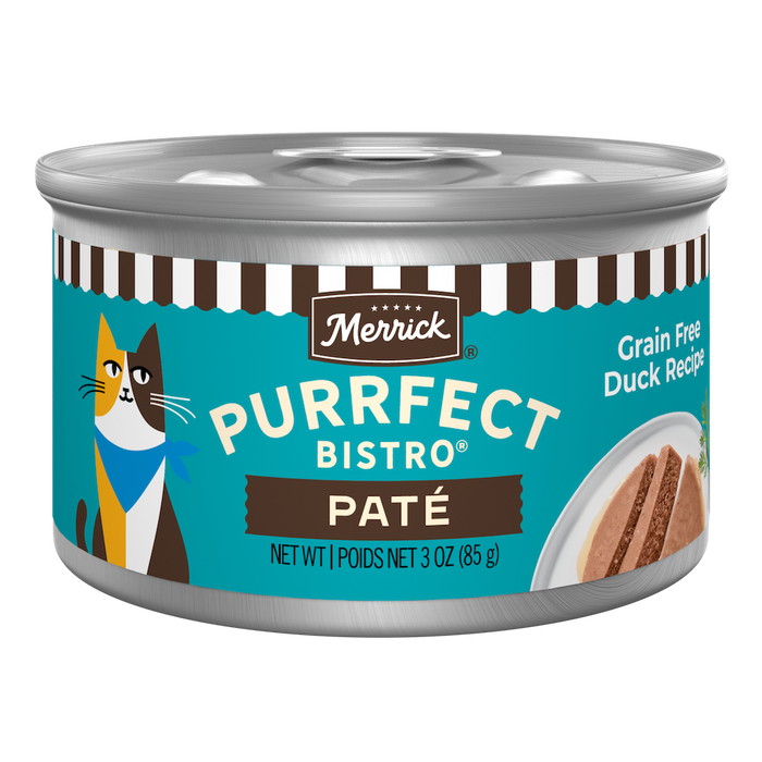 Merrick Purrfect Bistro Grain Free Duck Pate High Protein Wet Cat Food — manufacturer recipe packaging; individual container shown, sold by the full case