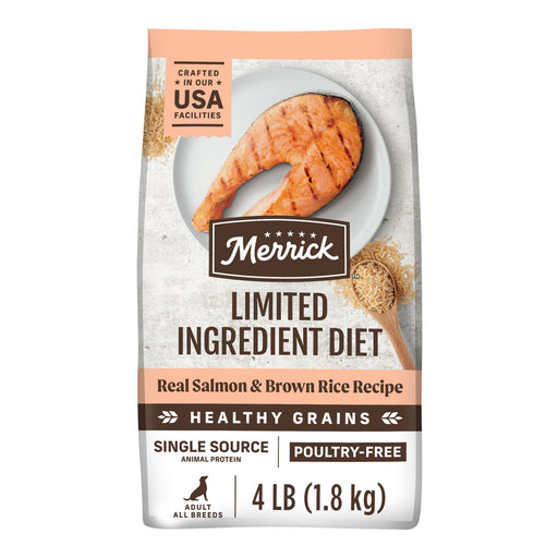Merrick Limited Ingredient Diet Real Salmon & Brown Rice Recipe Dry Dog Food — manufacturer recipe packaging
