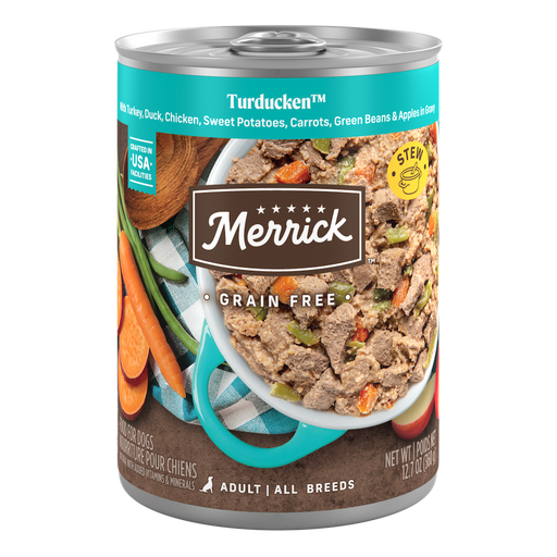Merrick Grain Free Turducken In Gravy — manufacturer recipe packaging; individual container shown, sold by the full case