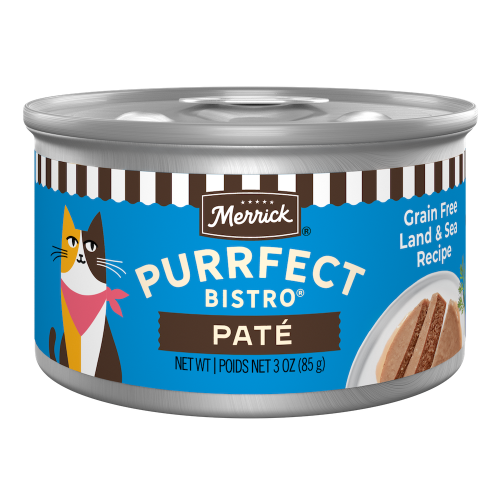Merrick Purrfect Bistro Grain Free Land & Sea Pate High Protein Wet Cat Food — manufacturer recipe packaging; individual container shown, sold by the full case