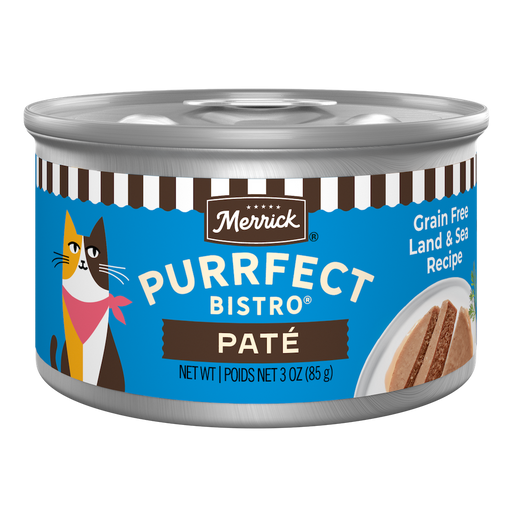 Merrick Purrfect Bistro Grain Free Land & Sea Pate High Protein Wet Cat Food — manufacturer recipe packaging; individual container shown, sold by the full case