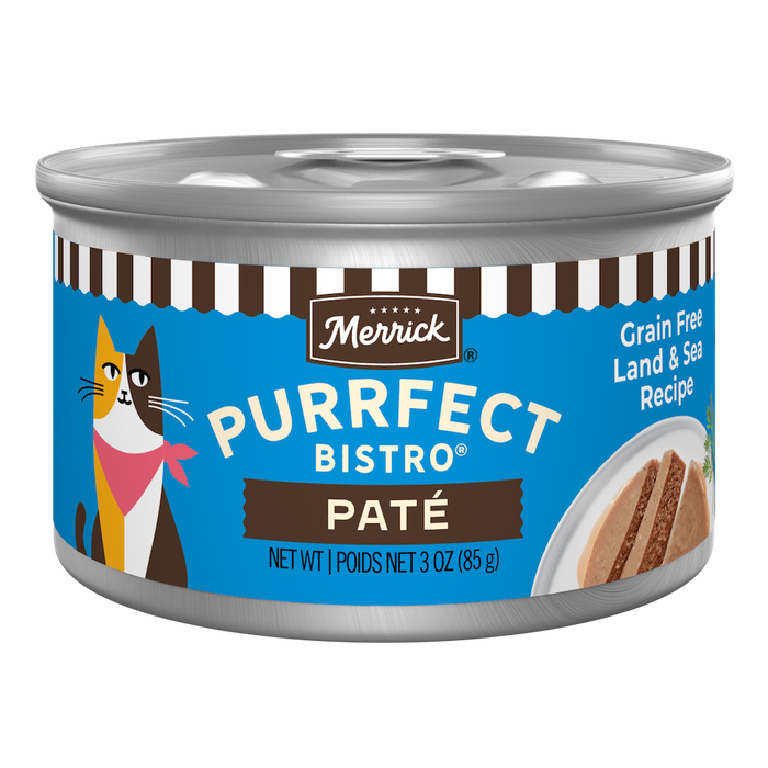 Merrick Purrfect Bistro Grain Free Land & Sea Pate High Protein Wet Cat Food — manufacturer recipe packaging; individual container shown, sold by the full case