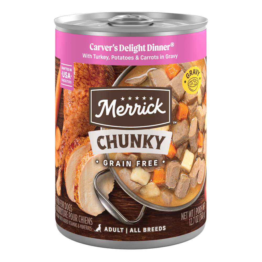 Merrick Chunky Grain Free Carver's Delight Dinner in Gravy — manufacturer recipe packaging; individual container shown, sold by the full case