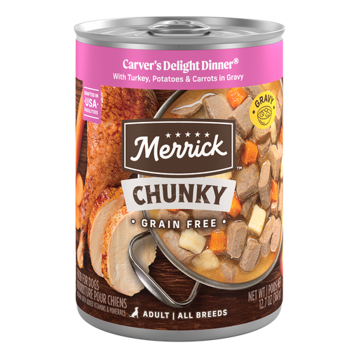 Merrick Chunky Grain Free Carver's Delight Dinner in Gravy — manufacturer recipe packaging; individual container shown, sold by the full case