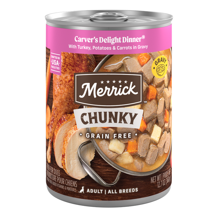 Merrick Chunky Grain Free Carver's Delight Dinner in Gravy — manufacturer recipe packaging; individual container shown, sold by the full case