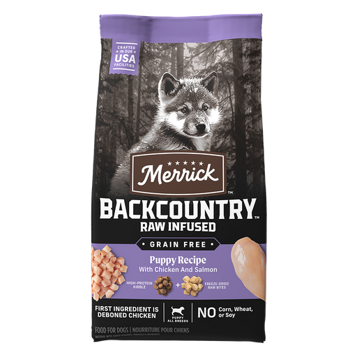 Merrick Backcountry Raw Infused Puppy Recipe Grain Free Dry Dog Food — manufacturer recipe packaging