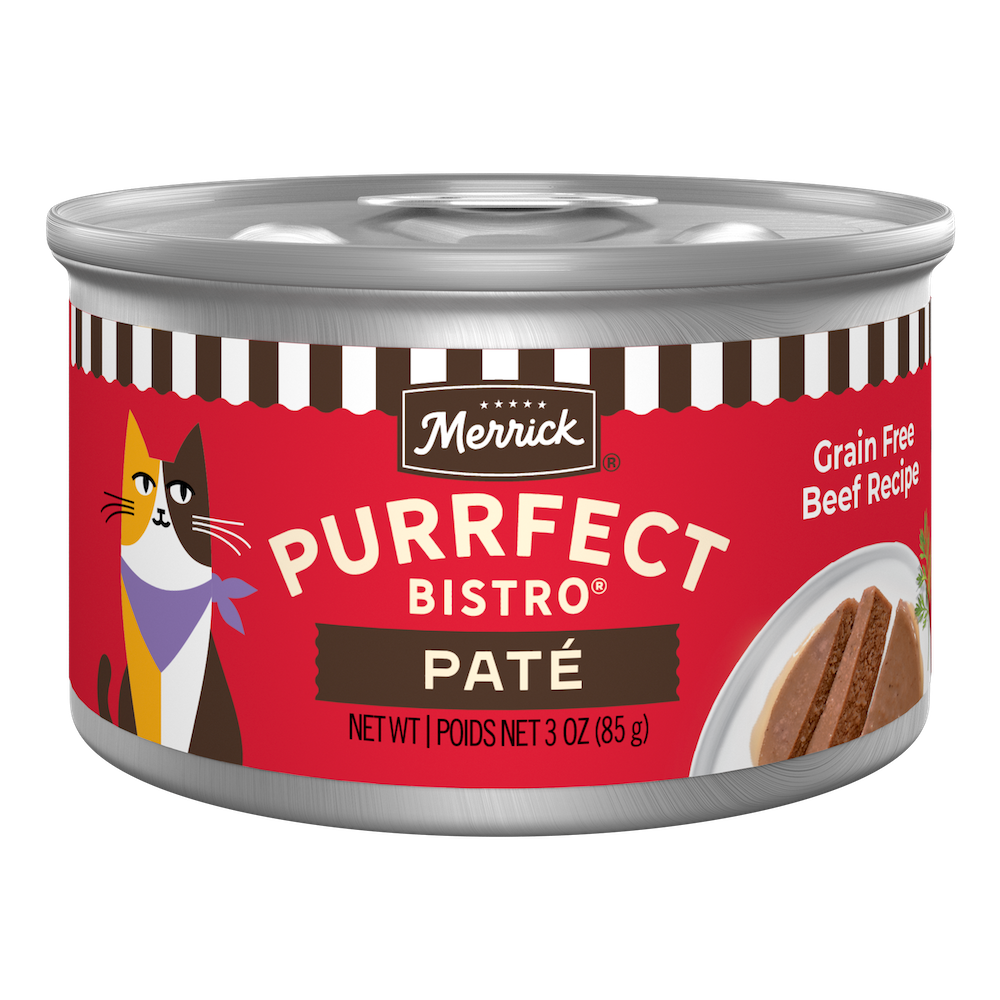 Merrick Purrfect Bistro Grain Free Beef Pate High Protein Wet Cat Food — manufacturer recipe packaging; individual container shown, sold by the full case
