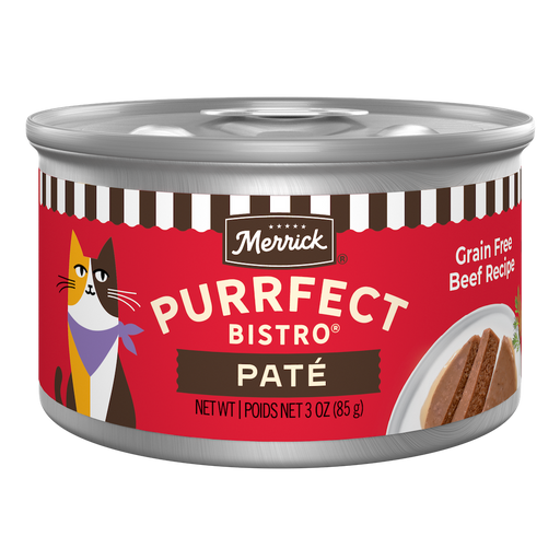 Merrick Purrfect Bistro Grain Free Beef Pate High Protein Wet Cat Food — manufacturer recipe packaging; individual container shown, sold by the full case