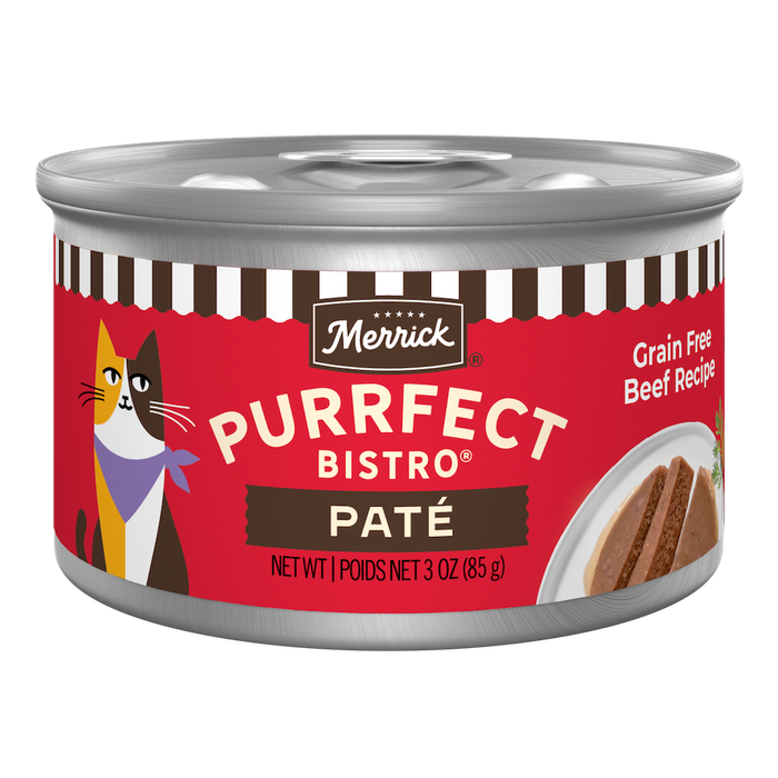 Merrick Purrfect Bistro Grain Free Beef Pate High Protein Wet Cat Food — manufacturer recipe packaging; individual container shown, sold by the full case