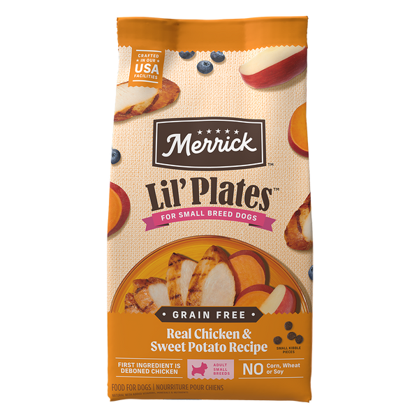 Merrick Lil' Plates Grain Free Real Chicken & Sweet Potatoes Recipe Dry Dog Food — manufacturer recipe packaging