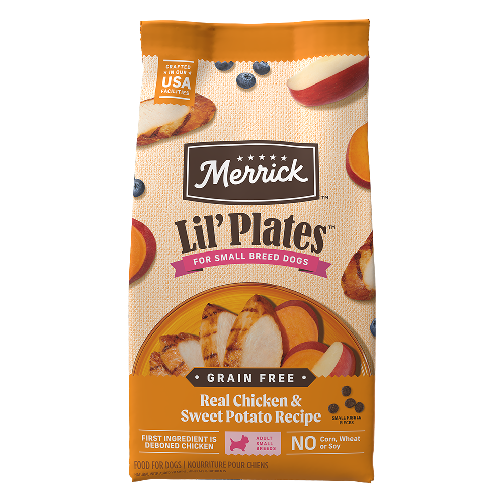 Merrick Lil' Plates Grain Free Real Chicken & Sweet Potatoes Recipe Dry Dog Food — manufacturer recipe packaging