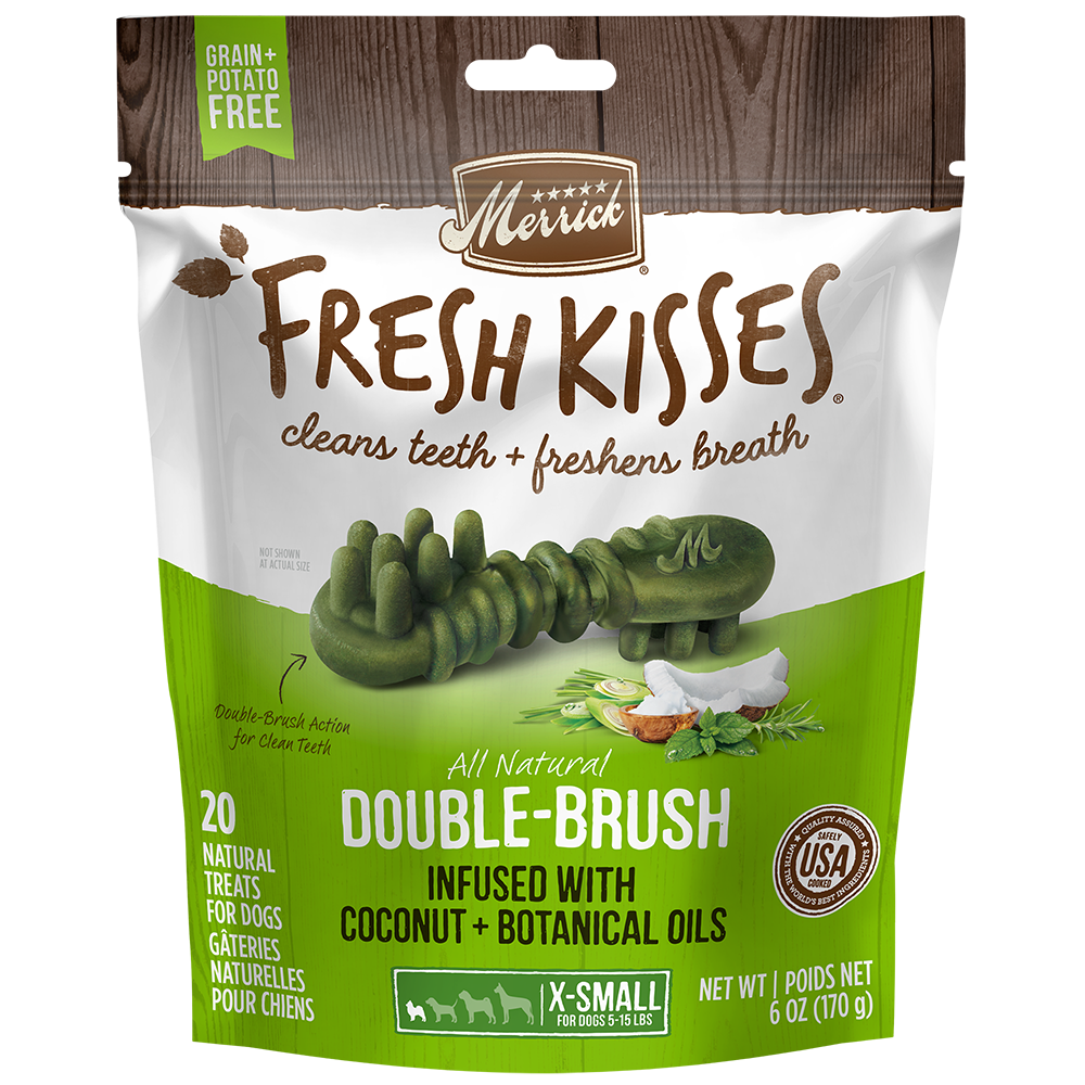 Merrick Fresh Kisses Infused With Coconut Oil + Botanical Oils - For Extra Small Dogs (5-15 Lbs) Dog Dental Chews — manufacturer recipe packaging