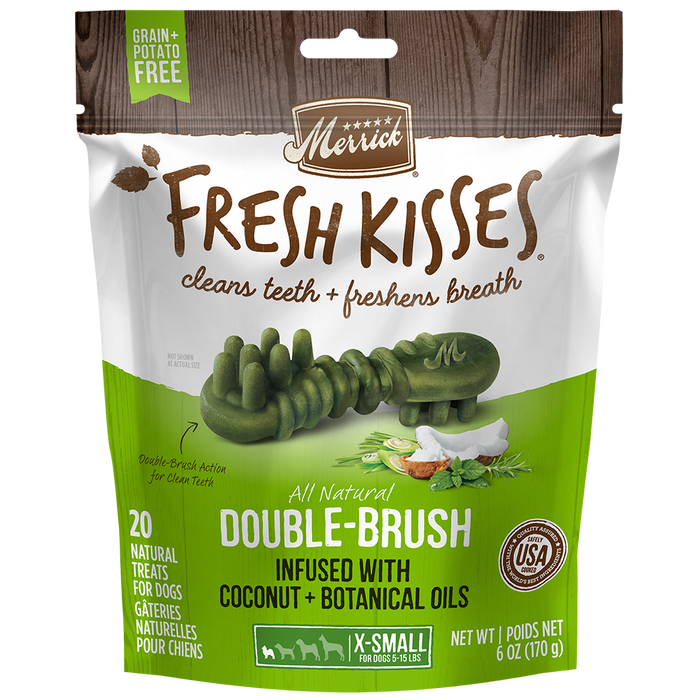 Merrick Fresh Kisses Infused With Coconut Oil + Botanical Oils - For Extra Small Dogs (5-15 Lbs) Dog Dental Chews — manufacturer recipe packaging