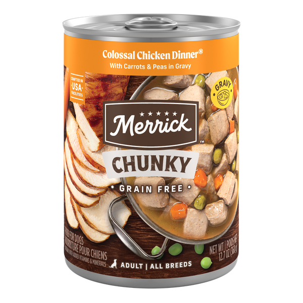 Merrick Chunky Grain Free Colossal Chicken Dinner in Gravy — manufacturer recipe packaging; individual container shown, sold by the full case