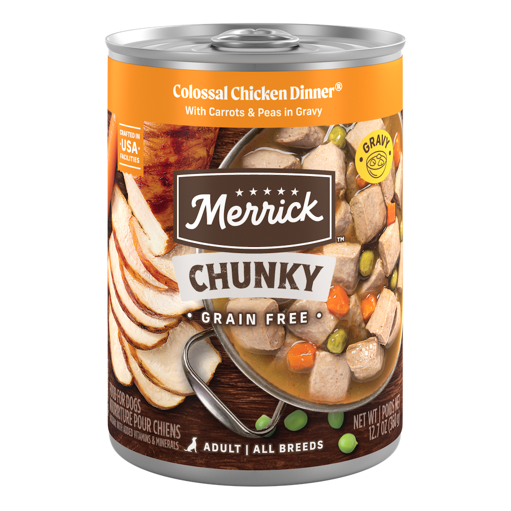 Merrick Chunky Grain Free Colossal Chicken Dinner in Gravy — manufacturer recipe packaging; individual container shown, sold by the full case