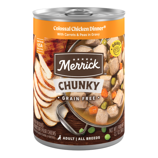 Merrick Chunky Grain Free Colossal Chicken Dinner in Gravy — manufacturer recipe packaging; individual container shown, sold by the full case