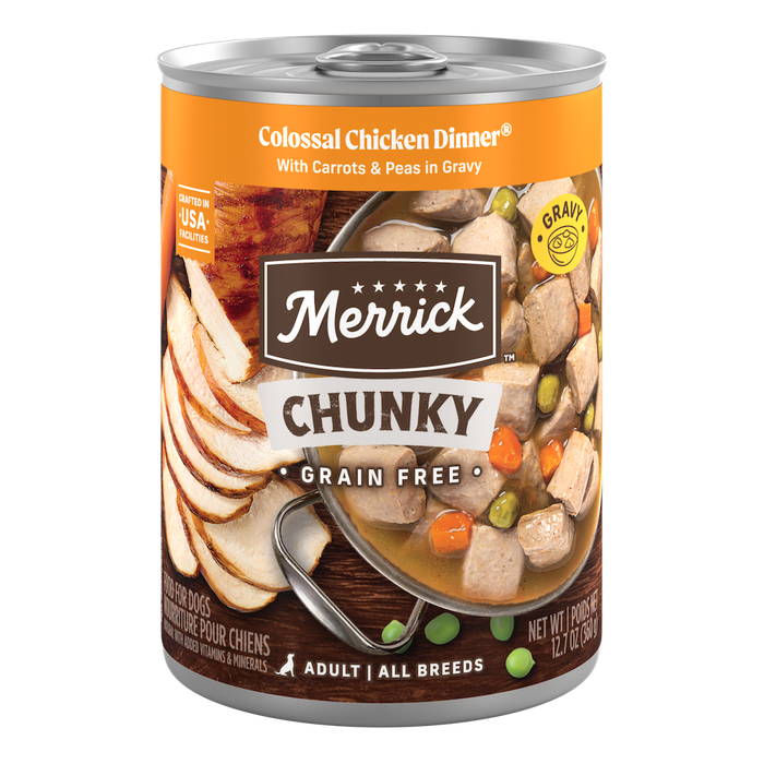 Merrick Chunky Grain Free Colossal Chicken Dinner in Gravy — manufacturer recipe packaging; individual container shown, sold by the full case